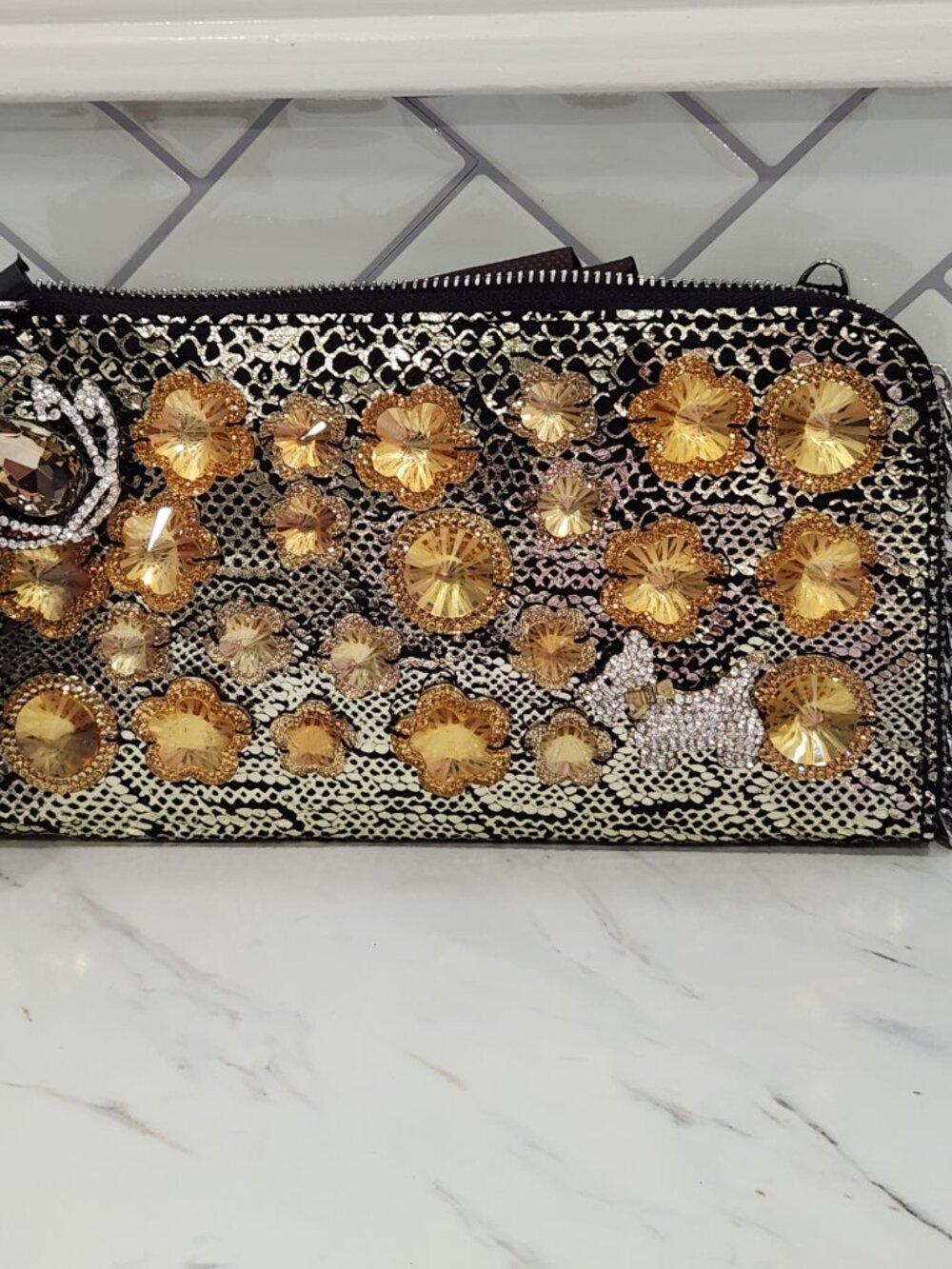 Yixuan JiaRen Sparkle Floral Evening Clutch Bag Gold Snake Print NWT Chain Strap